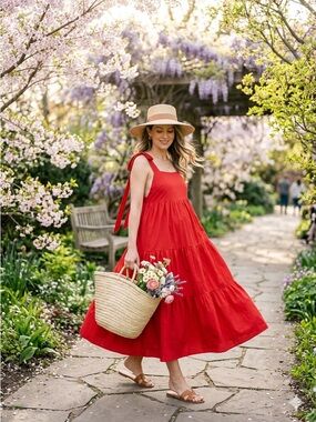 H&M MAMA Voluminous Tie-Strap Maxi Dress - Red - XS EUC- Worn Once!